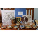 Four glass decanters, a set of kitchen scales, an oak biscuit barrel, and sundry other items.
