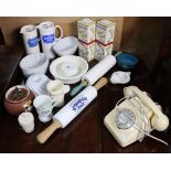 Two Bowkers “quick serve” bottle measures, boxed; four ceramic jelly moulds; two rolling pins; &