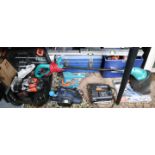 An Einhell electric planer, a Black & Decker router, two ditto drills, and various other tools and
