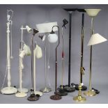 A white painted wooden standard lamp with eleven various other standard lamps & uplighters.