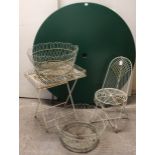 A green-finish metal garden table with a circular top, & on fold-away legs, 46” diameter x 36” high;