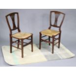 A pair of splat-back occasional chairs with woven rush seats, & on fluted square tapered legs with
