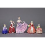 Five Royal Doulton bone china figures “Cissie” (HN 1809), “Christmas Morn” (HN 1992), “Janet” (HN