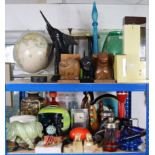 Various items of decorative china, glass, ornaments, a globe, vintage soda stream, etc.