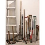 A Black & Decker aluminium 3-way ladder; together with various garden tools & hand tools.