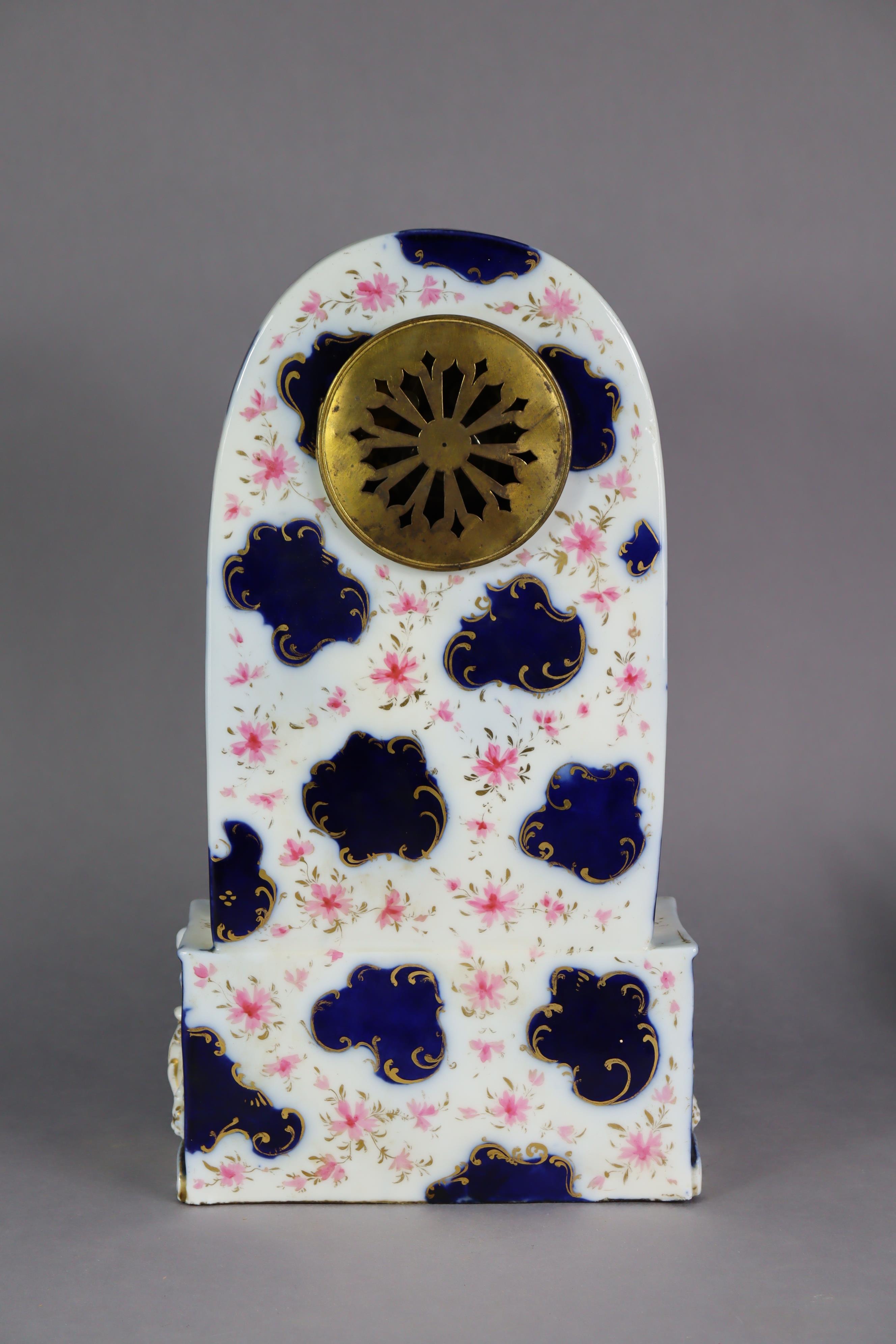 A mid-19th century French porcelain mantel clock with 4½” dia. gilt-metal & silvered dial, silk - Image 3 of 5