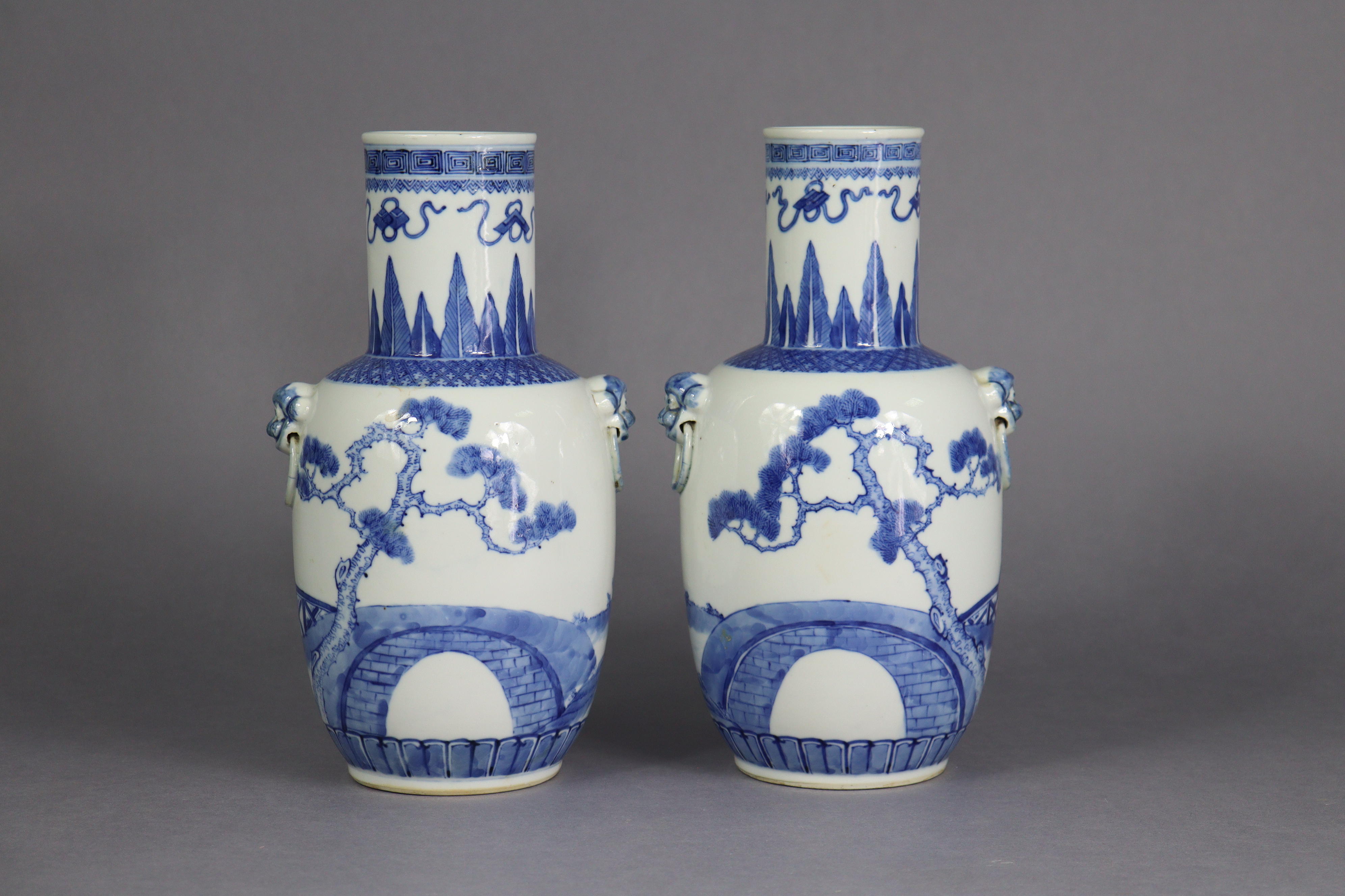 A pair of 19th century Chinese blue & white porcelain vases of ovoid form, with tall cylindrical - Image 3 of 10