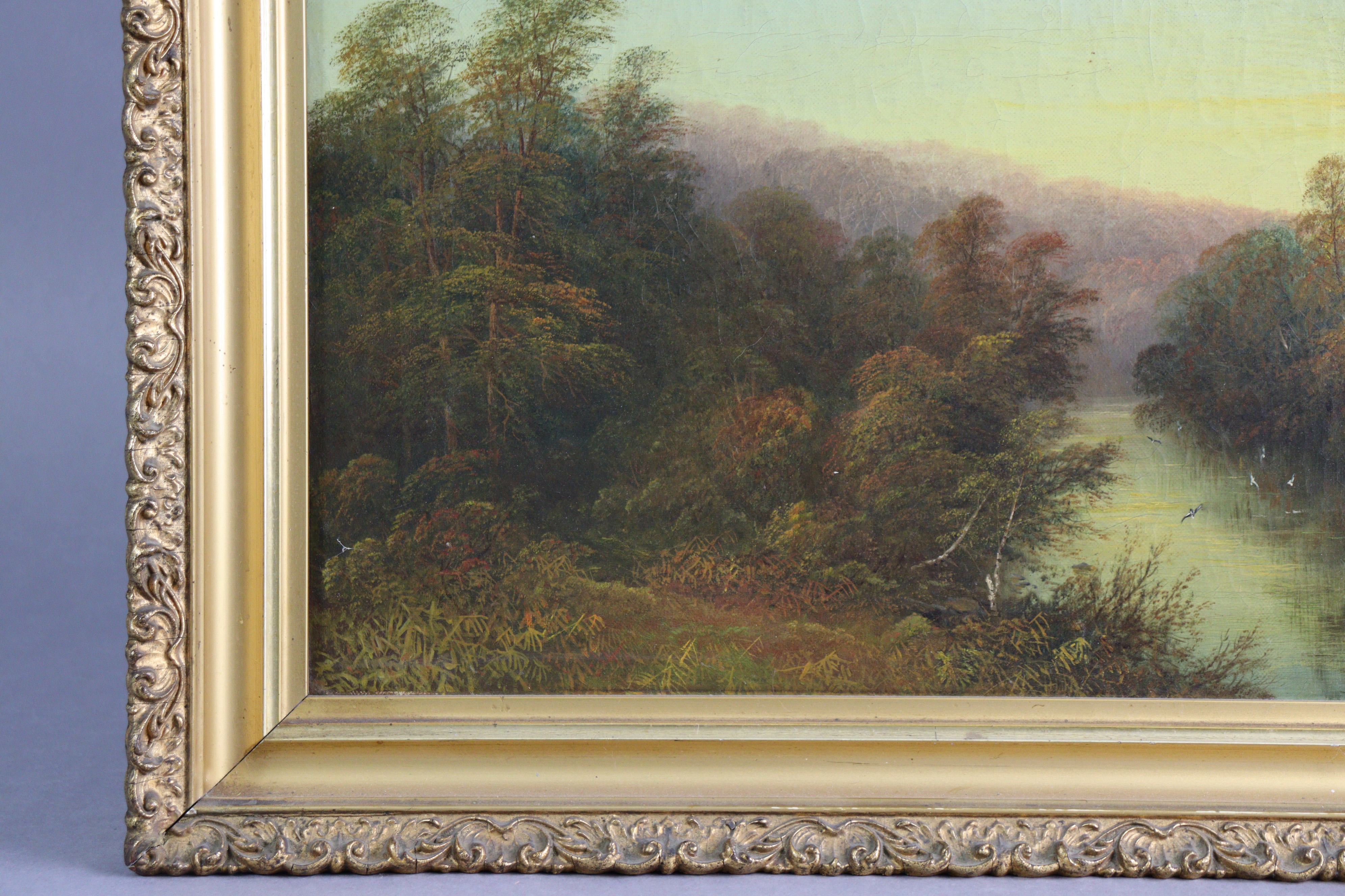 ENGLISH SCHOOL (19th century). A river landscape at sunset. Oil on canvas: 14” z 21”, in gilt - Image 3 of 5