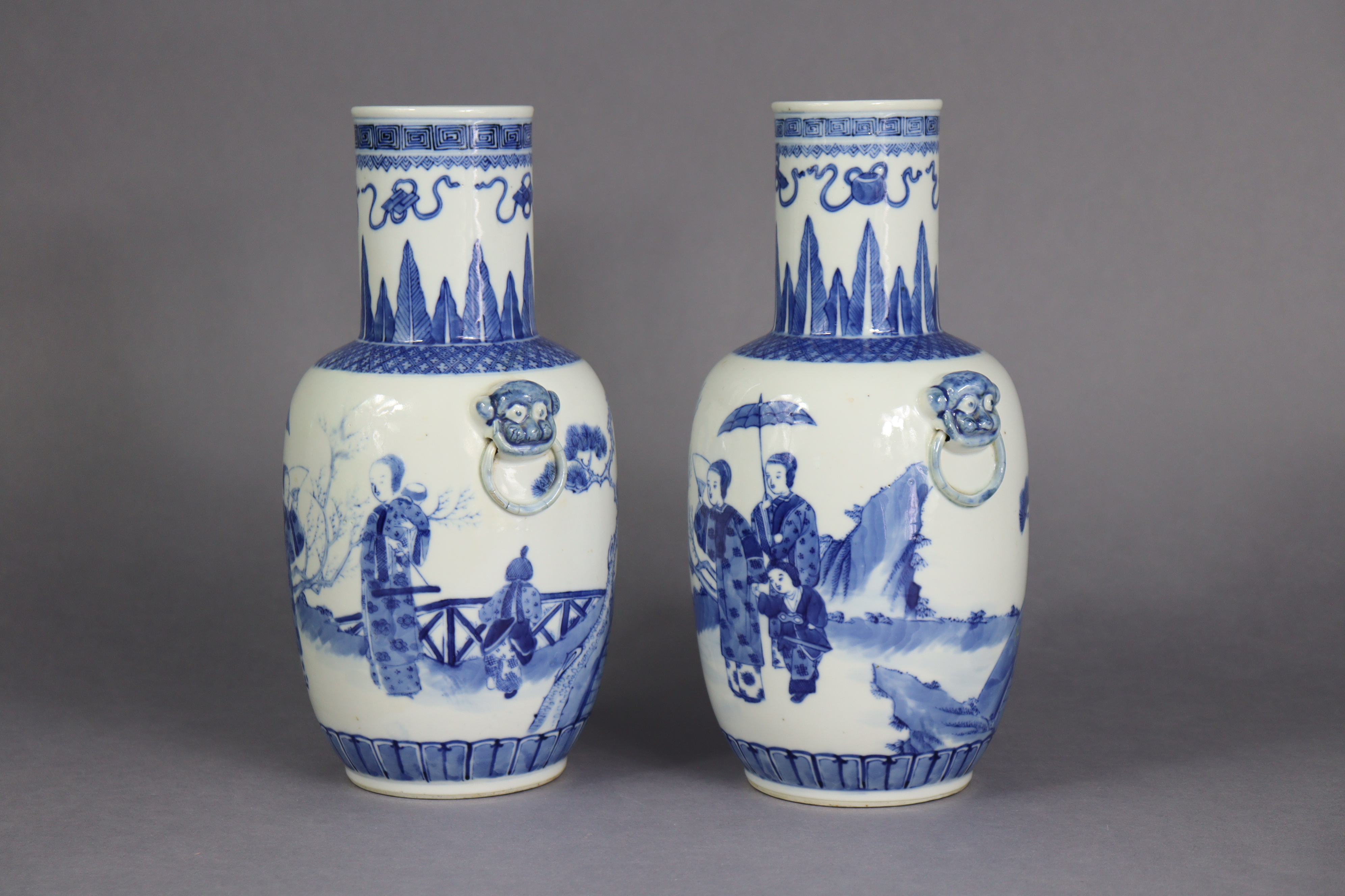 A pair of 19th century Chinese blue & white porcelain vases of ovoid form, with tall cylindrical - Image 2 of 10