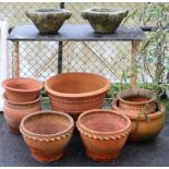 Two stone mortars, 15” wide, & seven various terracotta garden pots, the largest 20” wide x 15”