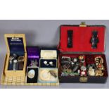 A jewellery box & contents of various costume jewellery, wristwatches, etc.