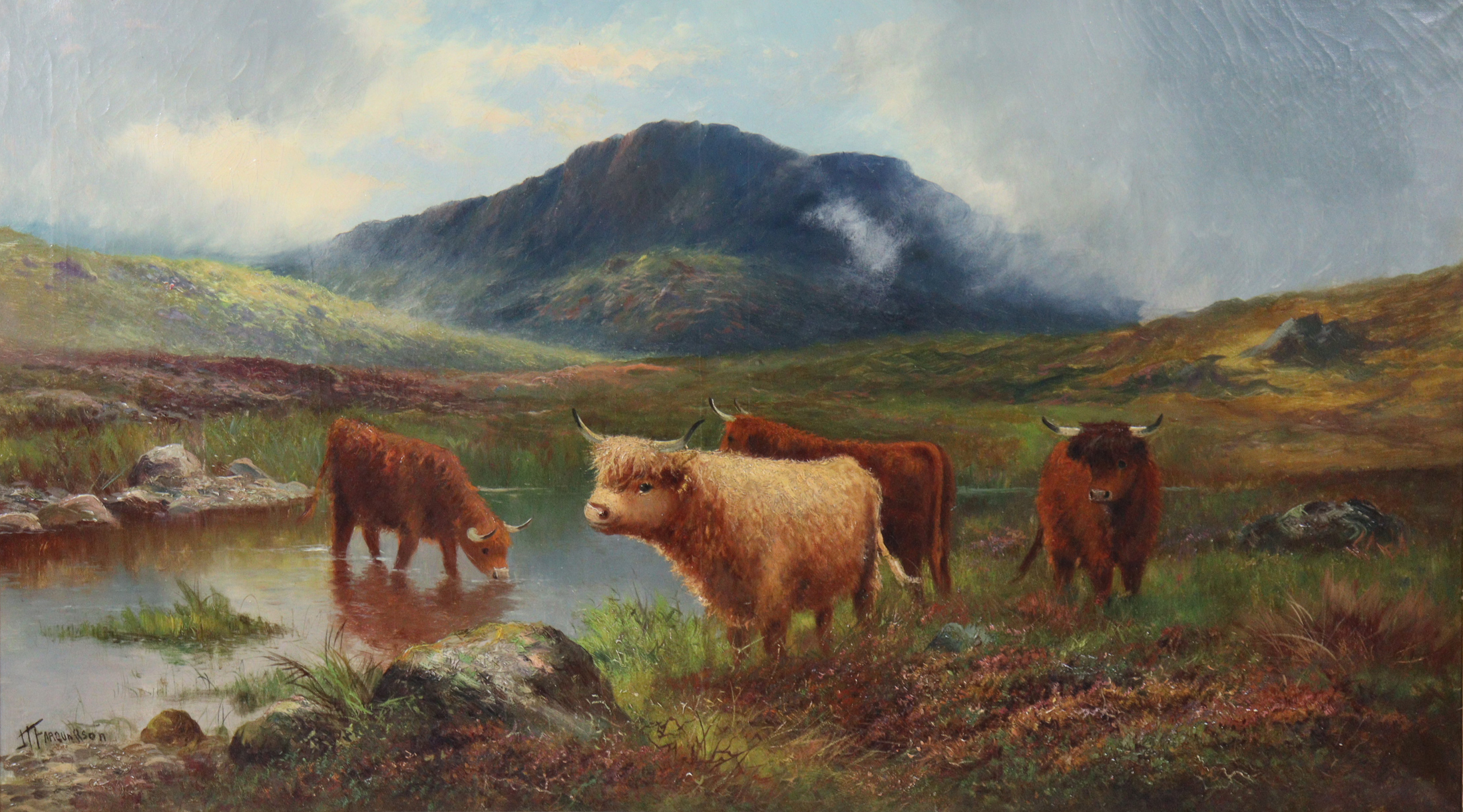 J. T. FARQUARSON (late 19th century) Highland cattle watering. Signed lower left, oil on canvas,