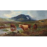 J. T. FARQUARSON (late 19th century) Highland cattle watering. Signed lower left, oil on canvas,