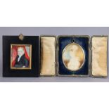 A 19th century portrait miniature of a lady, in profile wearing lacy bonnet & dress, 3¾” x 3” (