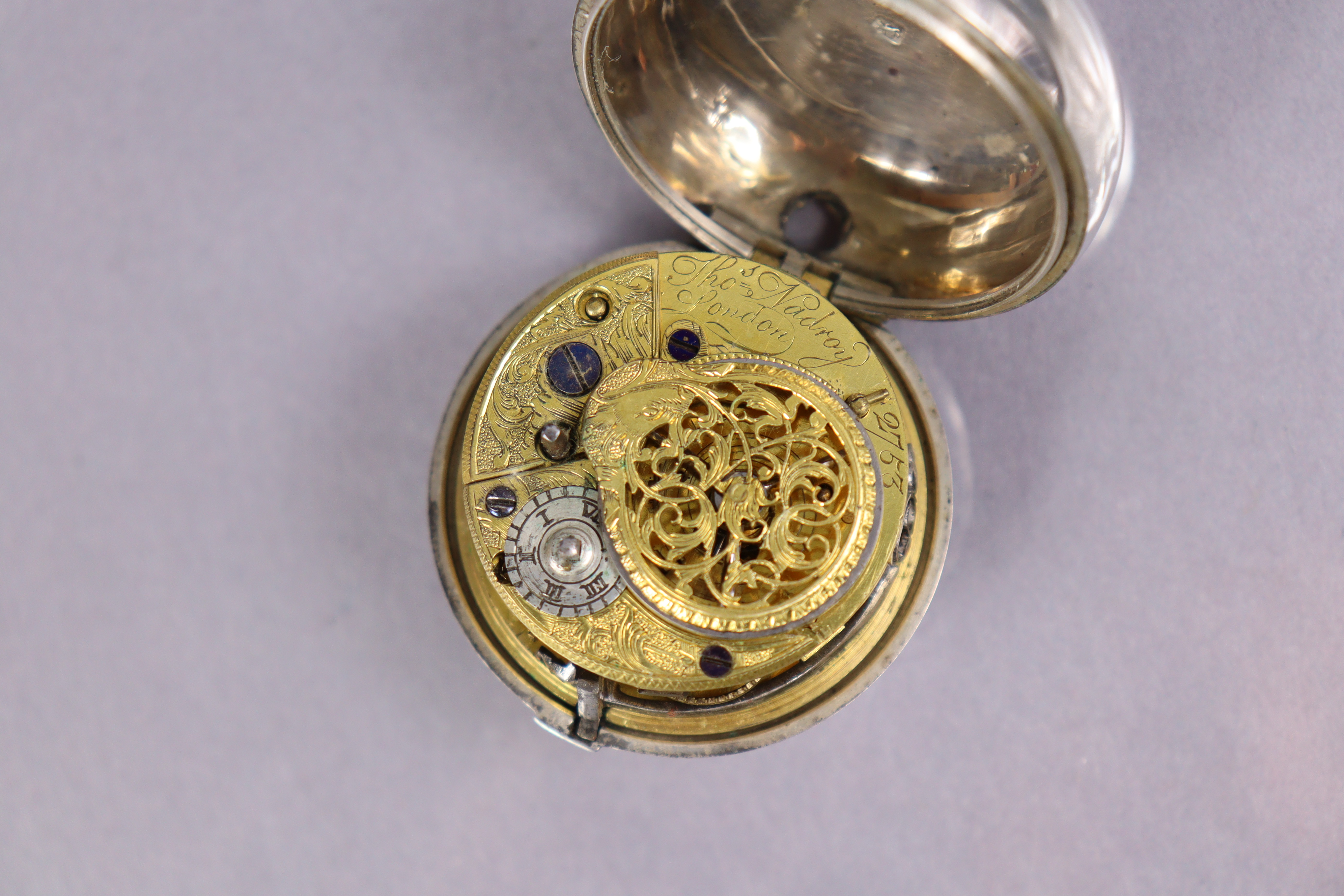 An 18th century silver pair-cased pocket watch, the convex white enamel dial with black roman - Image 4 of 8