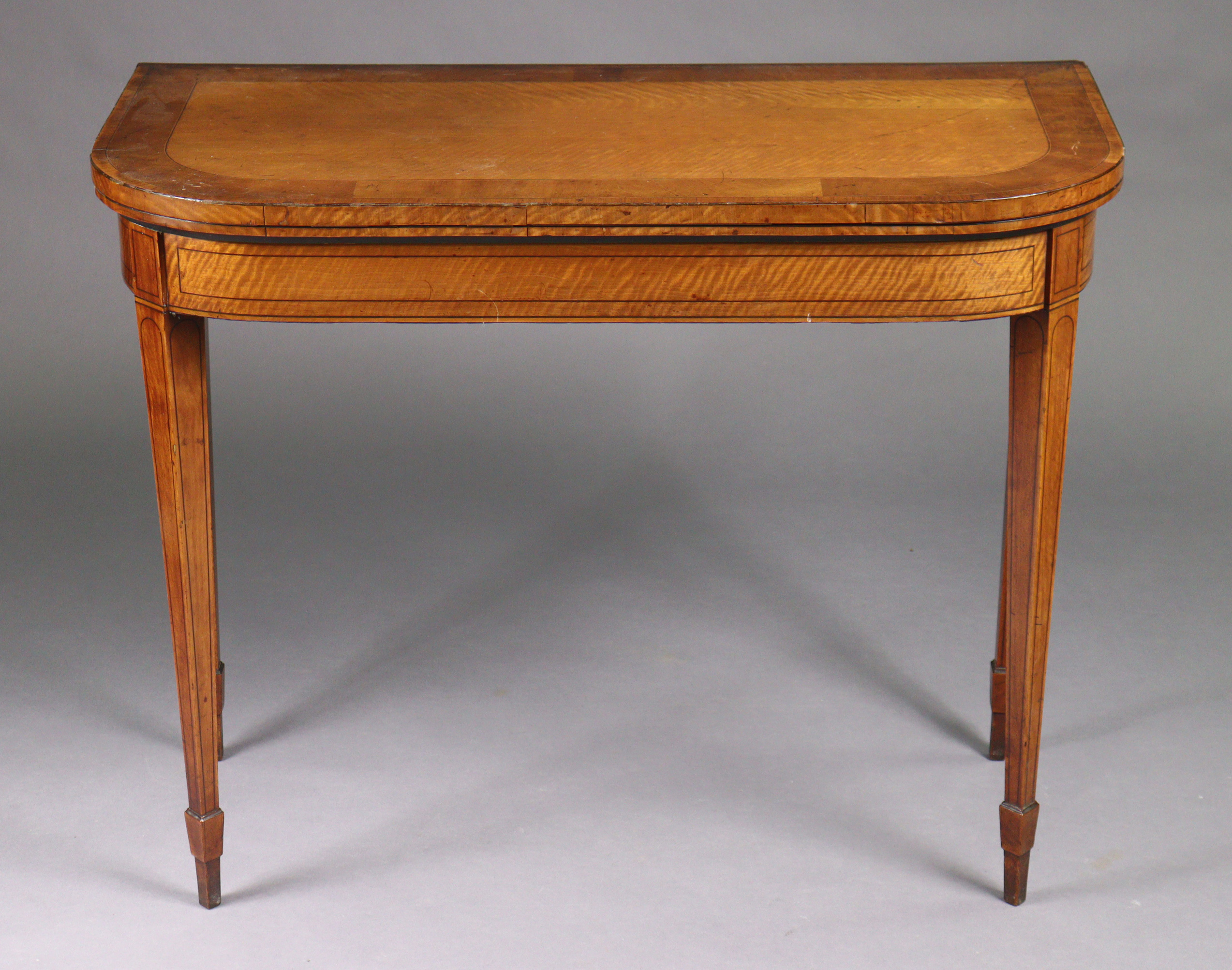 A George III inlaid satinwood card table with rounded corners to the rectangular fold-over top, - Image 4 of 6