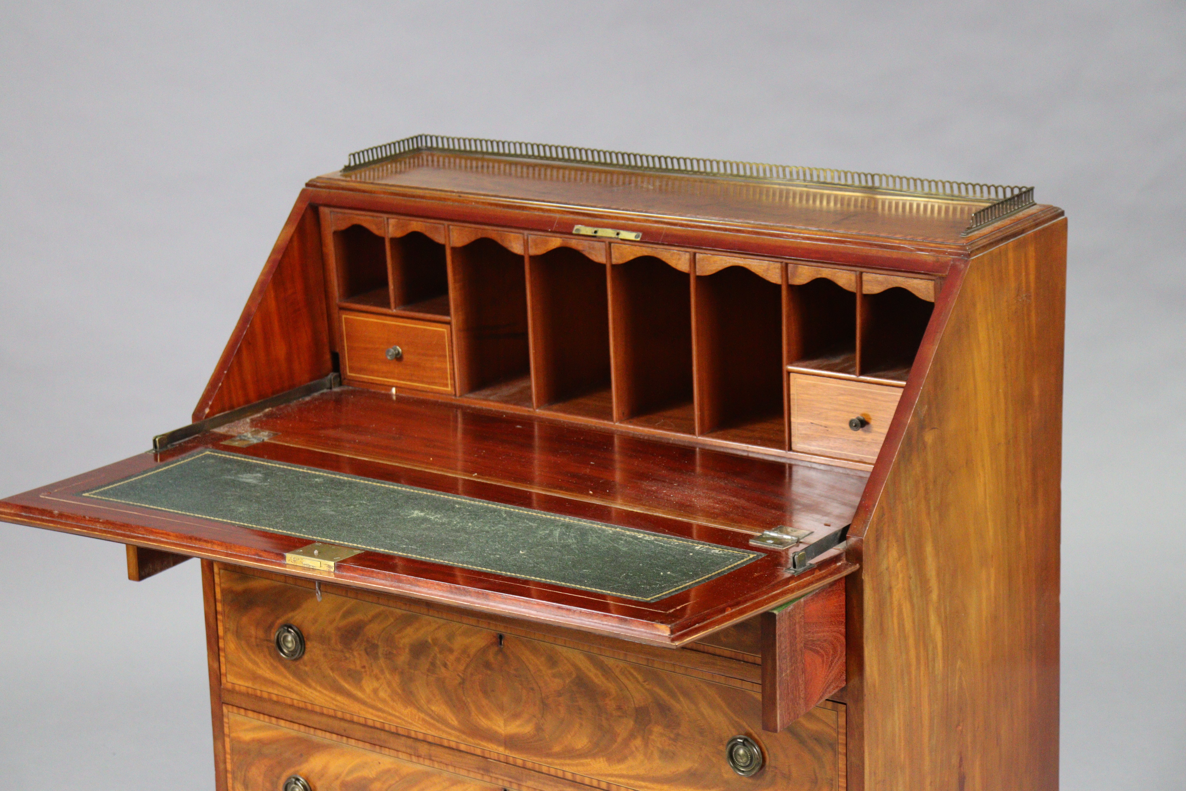 A 19th century mahogany & satinwood crossbanded bureau, the top with pierced brass gallery above a f - Image 2 of 5