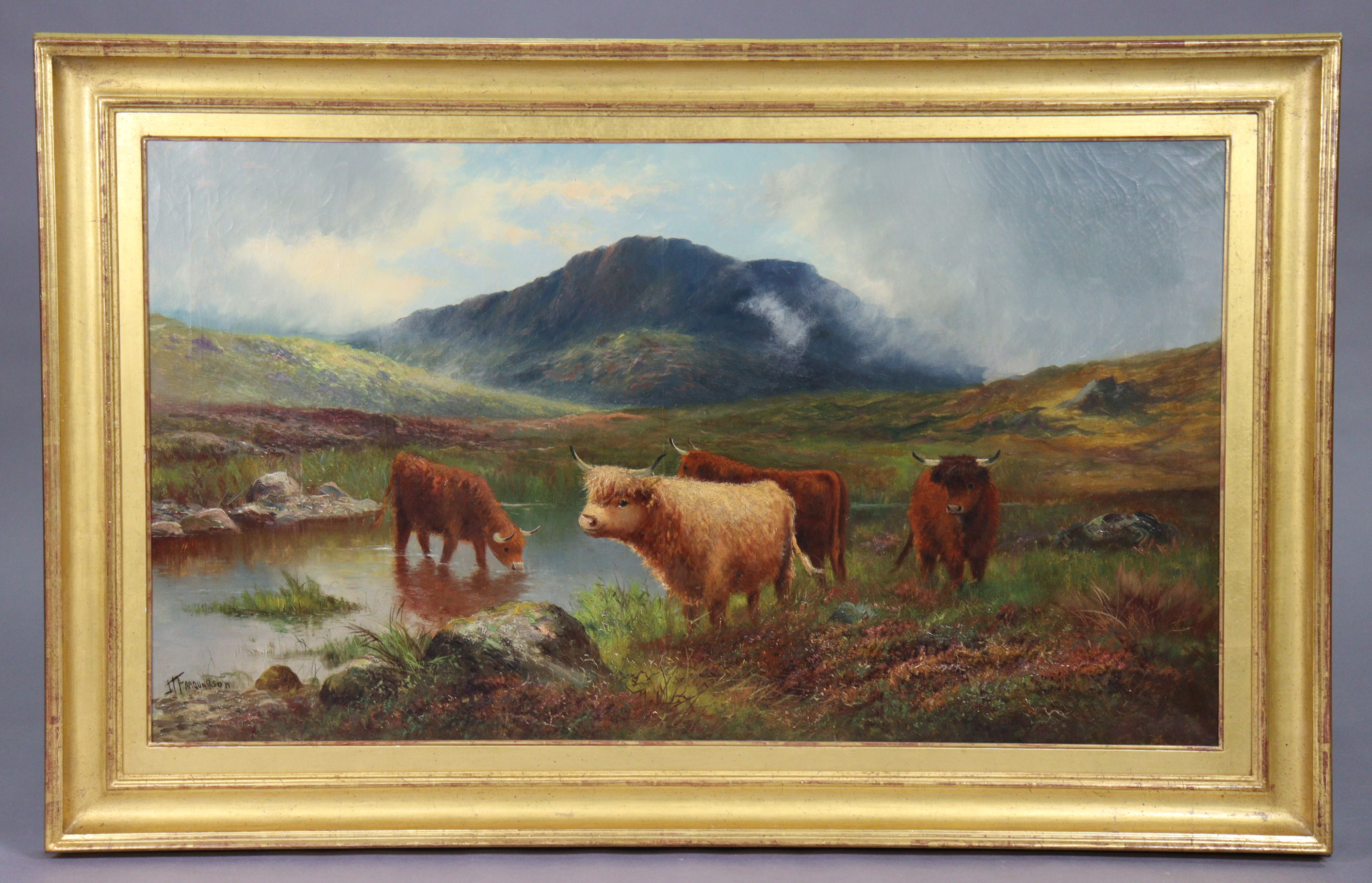 J. T. FARQUARSON (late 19th century) Highland cattle watering. Signed lower left, oil on canvas, - Image 2 of 4