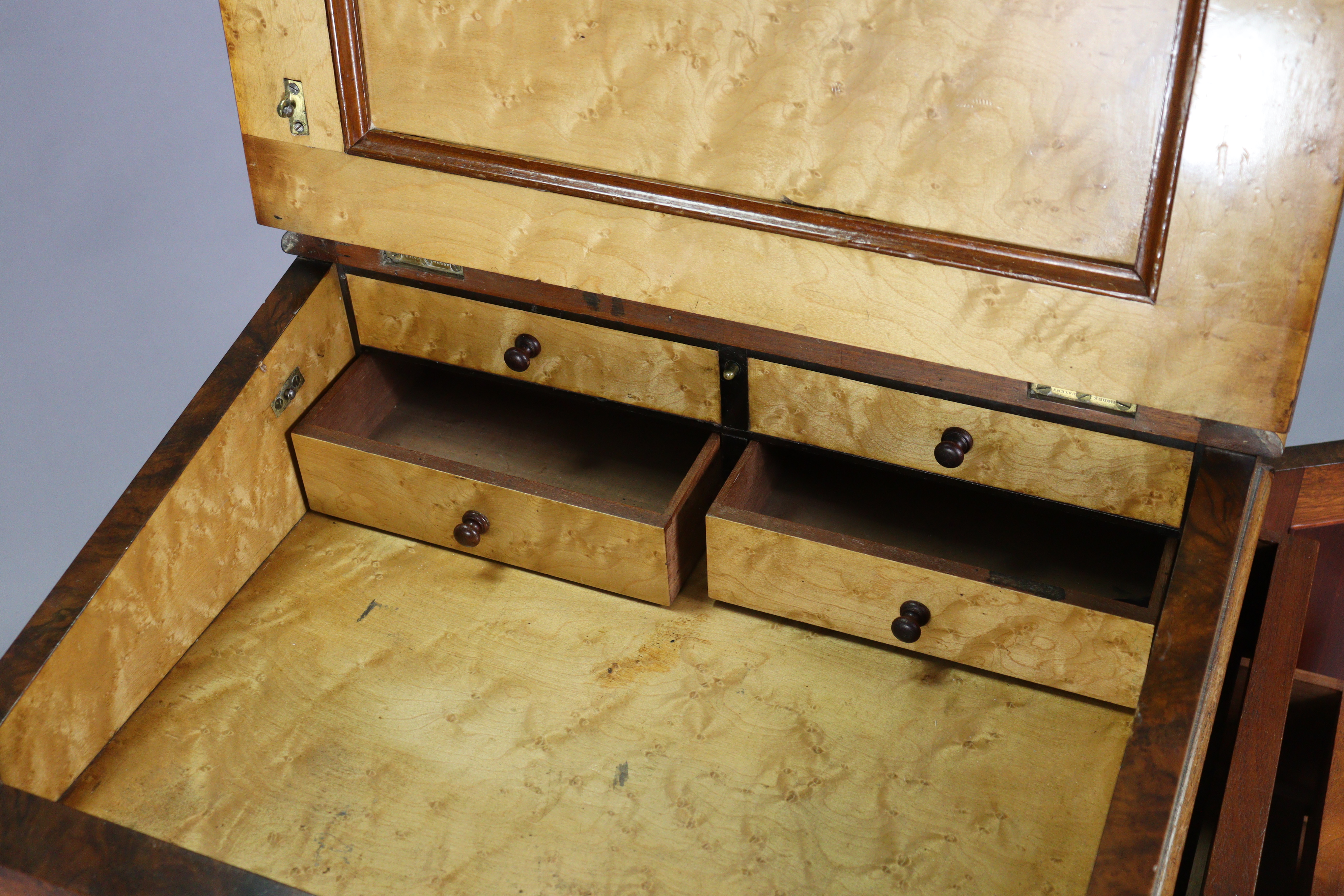 A Victorian burr-walnut davenport with satinwood interior enclosed by sloping hinged lid, inset - Image 9 of 11