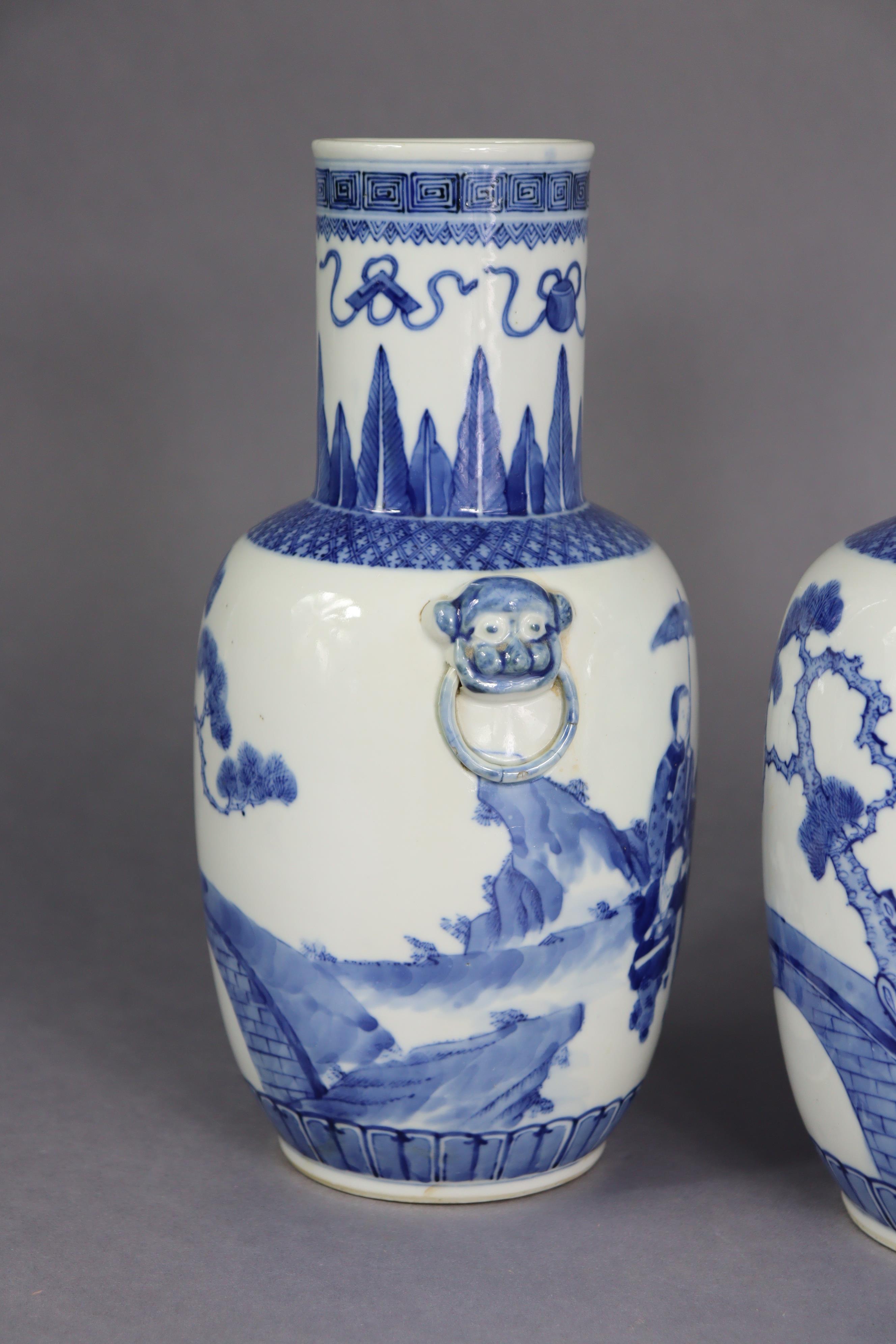 A pair of 19th century Chinese blue & white porcelain vases of ovoid form, with tall cylindrical - Image 4 of 10