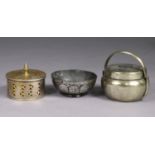 An Indian Bidri-ware 5” bowl; an eastern pierced brass drum-shaped box, 4¼” dia. x 2” high; & a