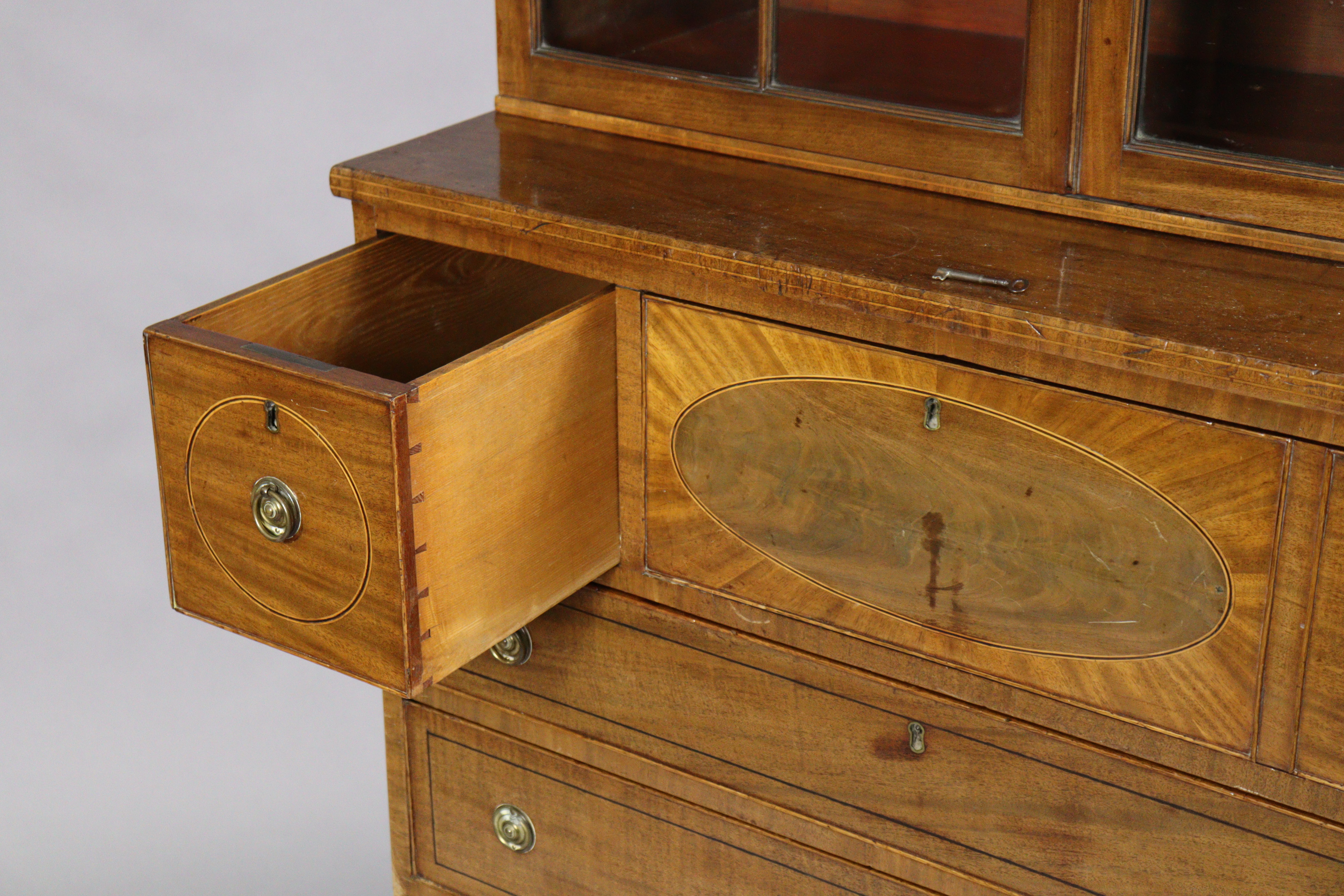 An early 19th century inlaid-mahogany cabinet with moulded cornice above two adjustable shelves - Image 5 of 8