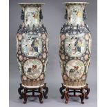 A VERY LARGE PAIR OF ORIENTAL VASES, each approx 5ft, with flared shaped rim & applied zoomorphic ha