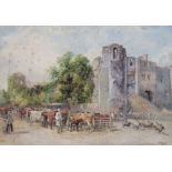 WILLIAM HENRY PIGOTT (c. 1810-1901) A cattle market outside castle ruins. Signed “W. H. Pigott”