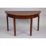 A Georgian mahogany demi-lune side table with plain frieze & on four square tapered legs, 48” wide x