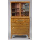 An early 19th century inlaid-mahogany cabinet with moulded cornice above two adjustable shelves