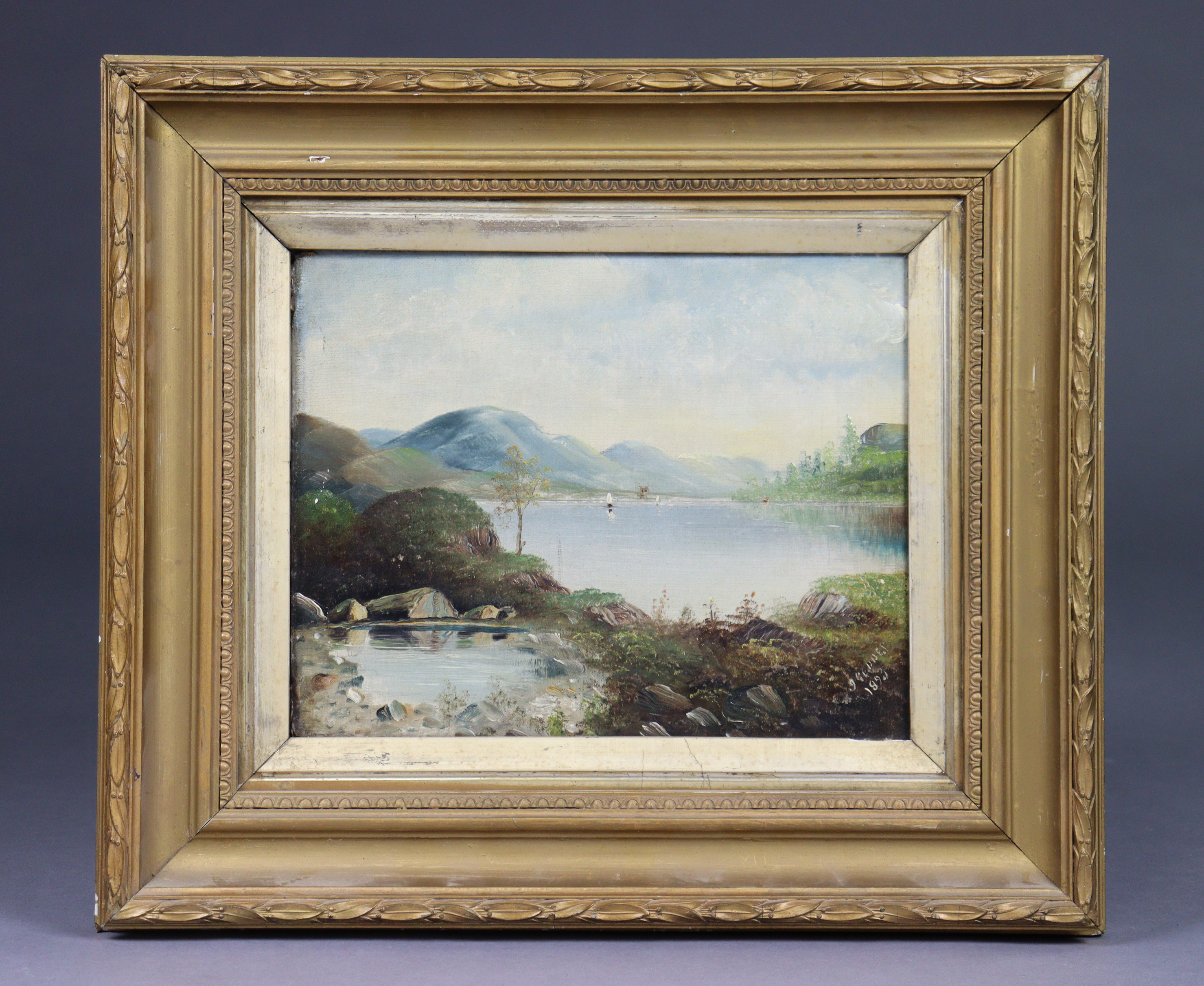 J. GEDDES (active1890-94) A lake scene with boats on the water. signed & dated 1893 lower right, oil - Image 2 of 4