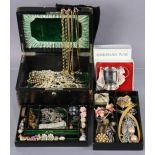 A Morocco leather jewellery box & contents of costume jewellery; also a silver napkin ring; & a