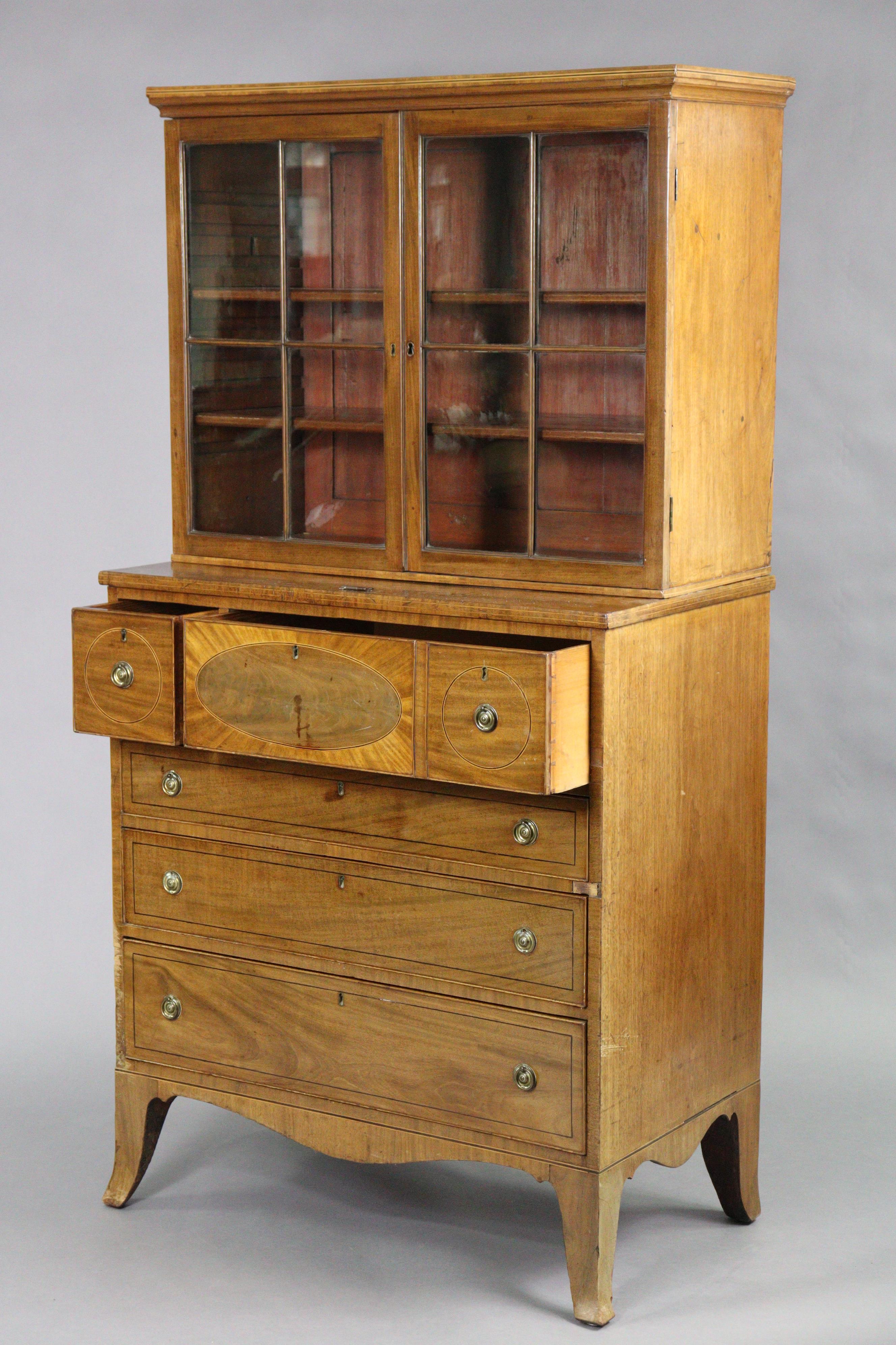 An early 19th century inlaid-mahogany cabinet with moulded cornice above two adjustable shelves - Image 3 of 8