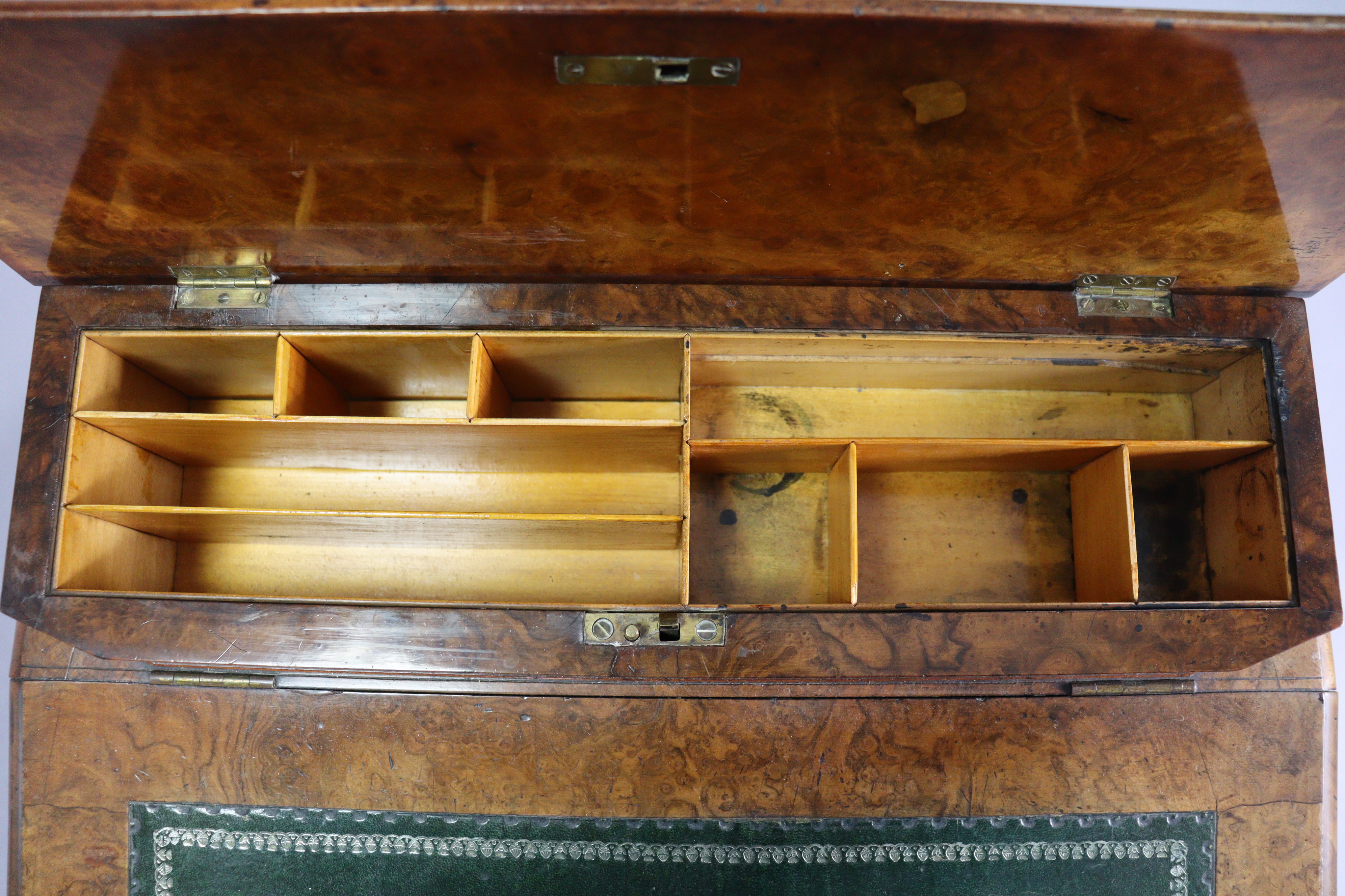 A Victorian burr-walnut davenport with satinwood interior enclosed by sloping hinged lid, inset - Image 8 of 11