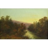 ENGLISH SCHOOL (19th century). A river landscape at sunset. Oil on canvas: 14” z 21”, in gilt