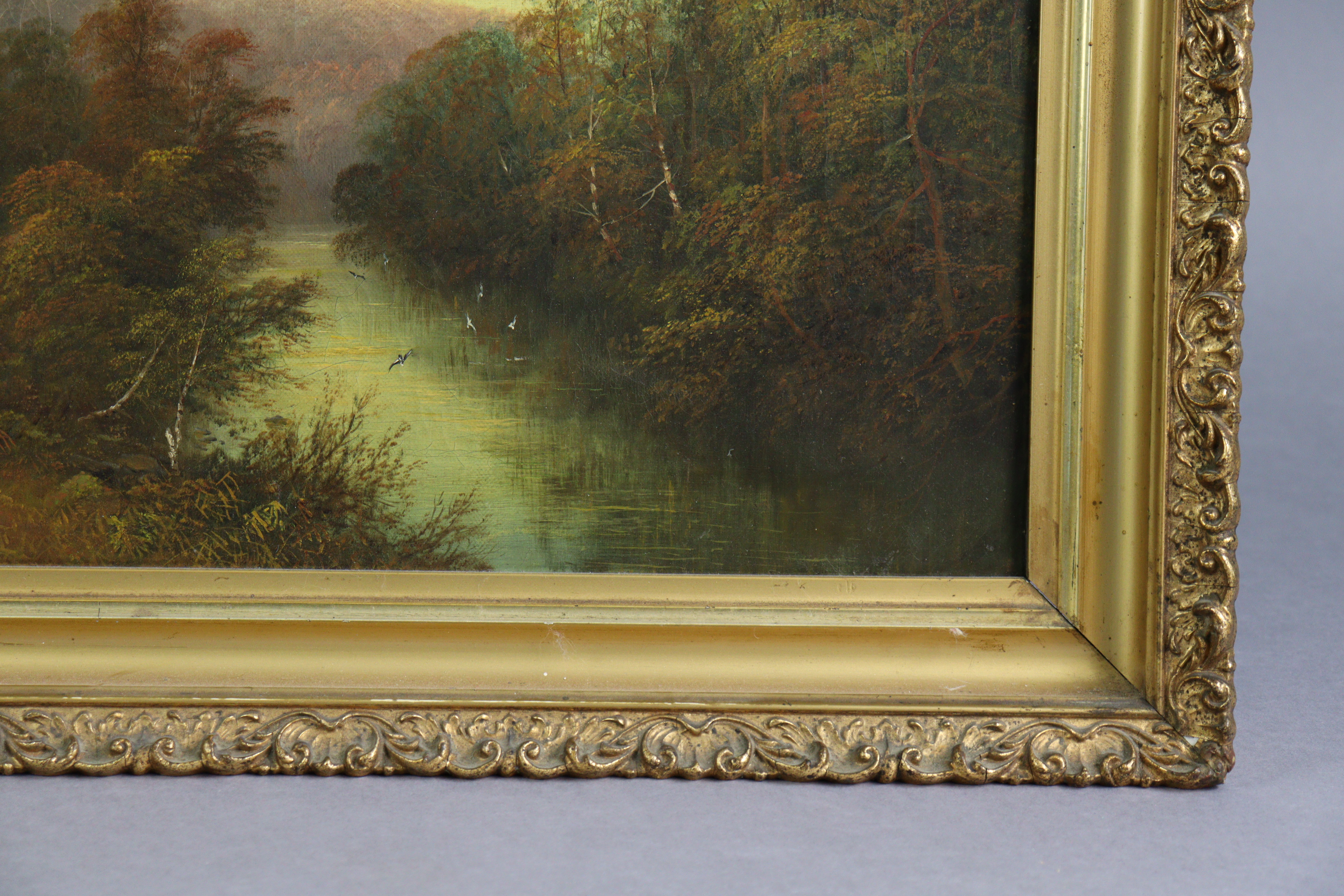 ENGLISH SCHOOL (19th century). A river landscape at sunset. Oil on canvas: 14” z 21”, in gilt - Image 4 of 5