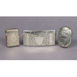 A George V silver vest-pocket card case of curved form, with engraved decoration & hinged lid,