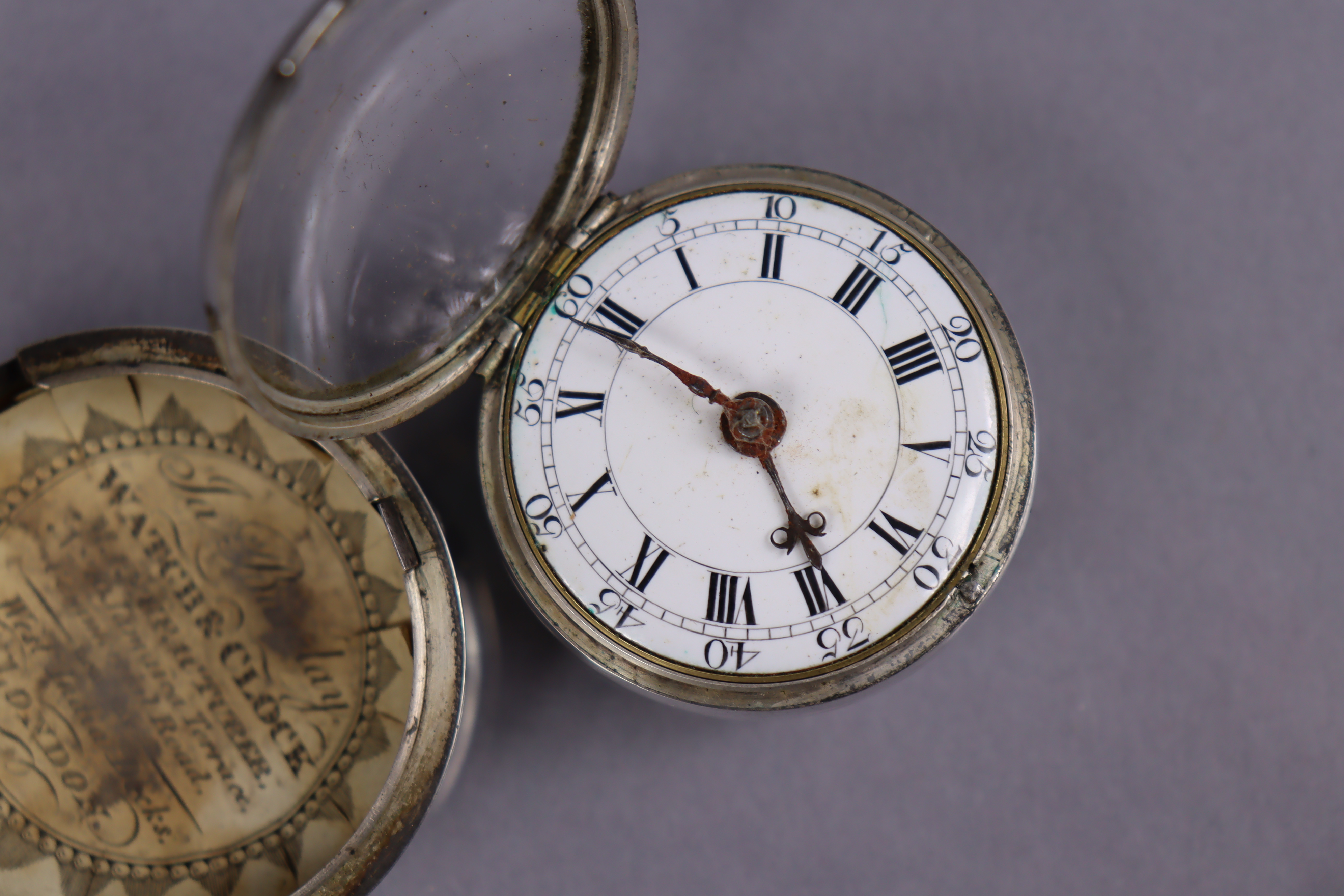 An 18th century silver pair-cased pocket watch, the convex white enamel dial with black roman - Image 3 of 8