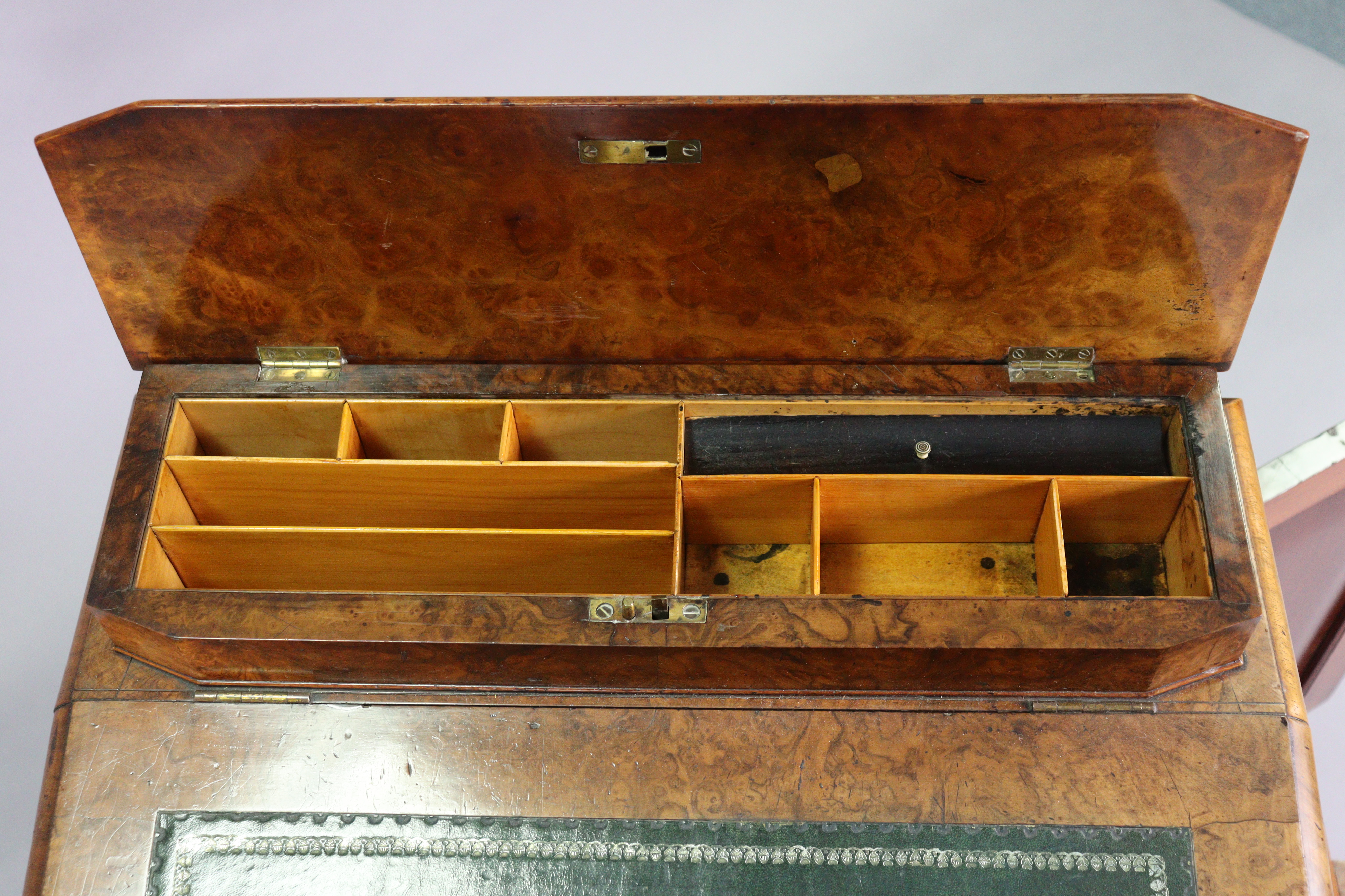 A Victorian burr-walnut davenport with satinwood interior enclosed by sloping hinged lid, inset - Image 7 of 11