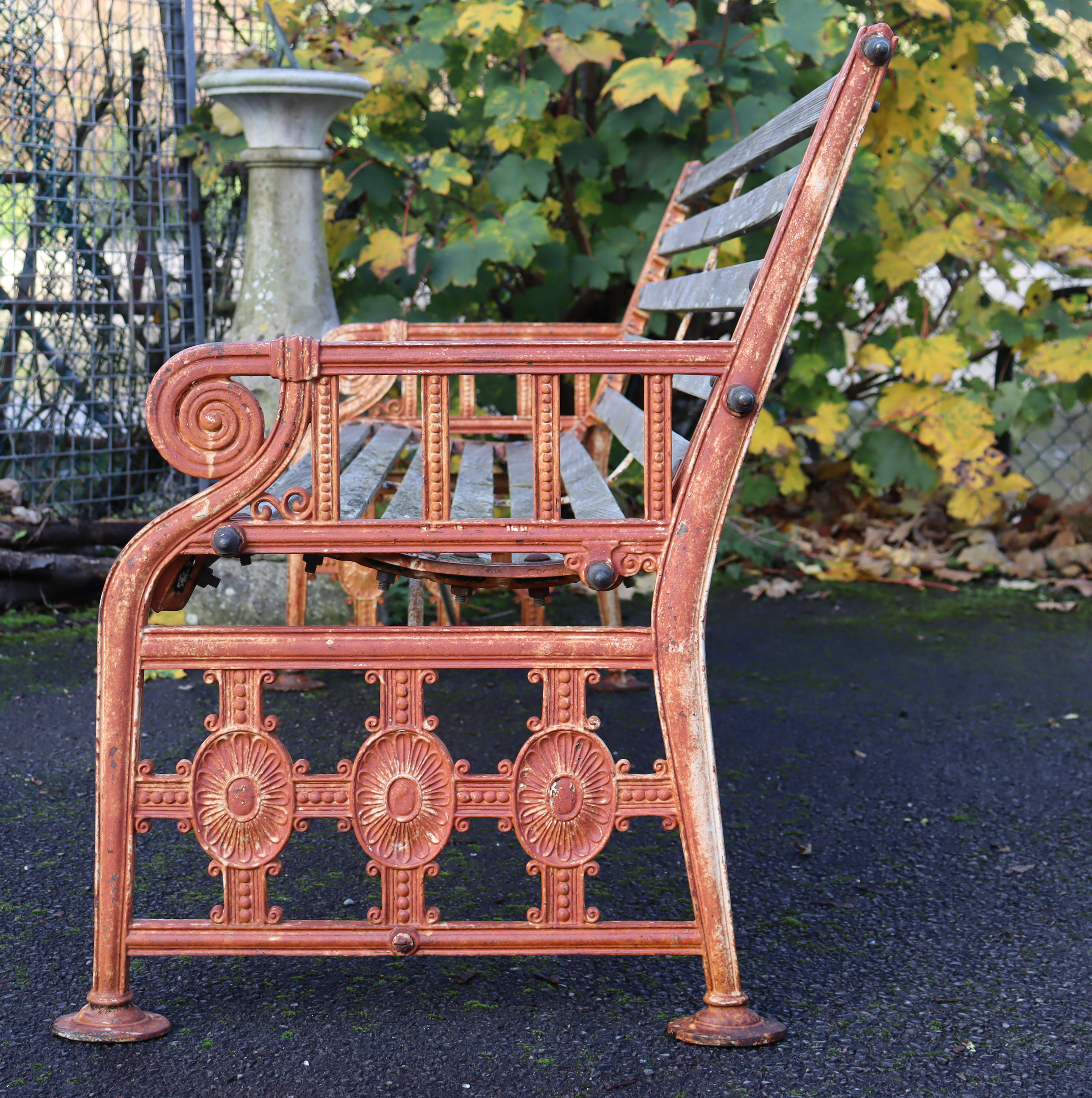 A 19th century Coalbrookdale cast iron garden bench, the pierced ends of Neoclassical design with - Image 3 of 10