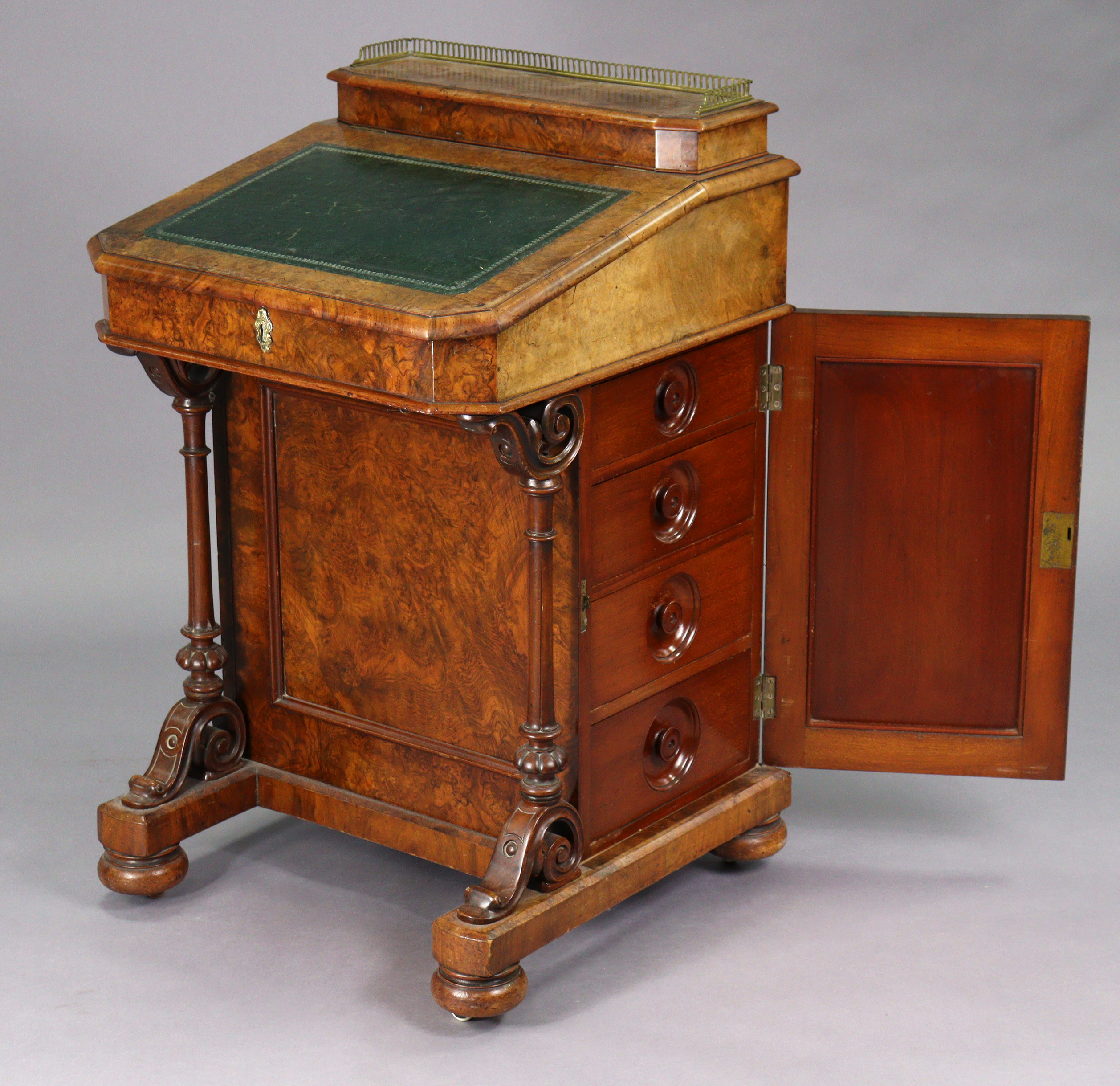 A Victorian burr-walnut davenport with satinwood interior enclosed by sloping hinged lid, inset - Image 2 of 11