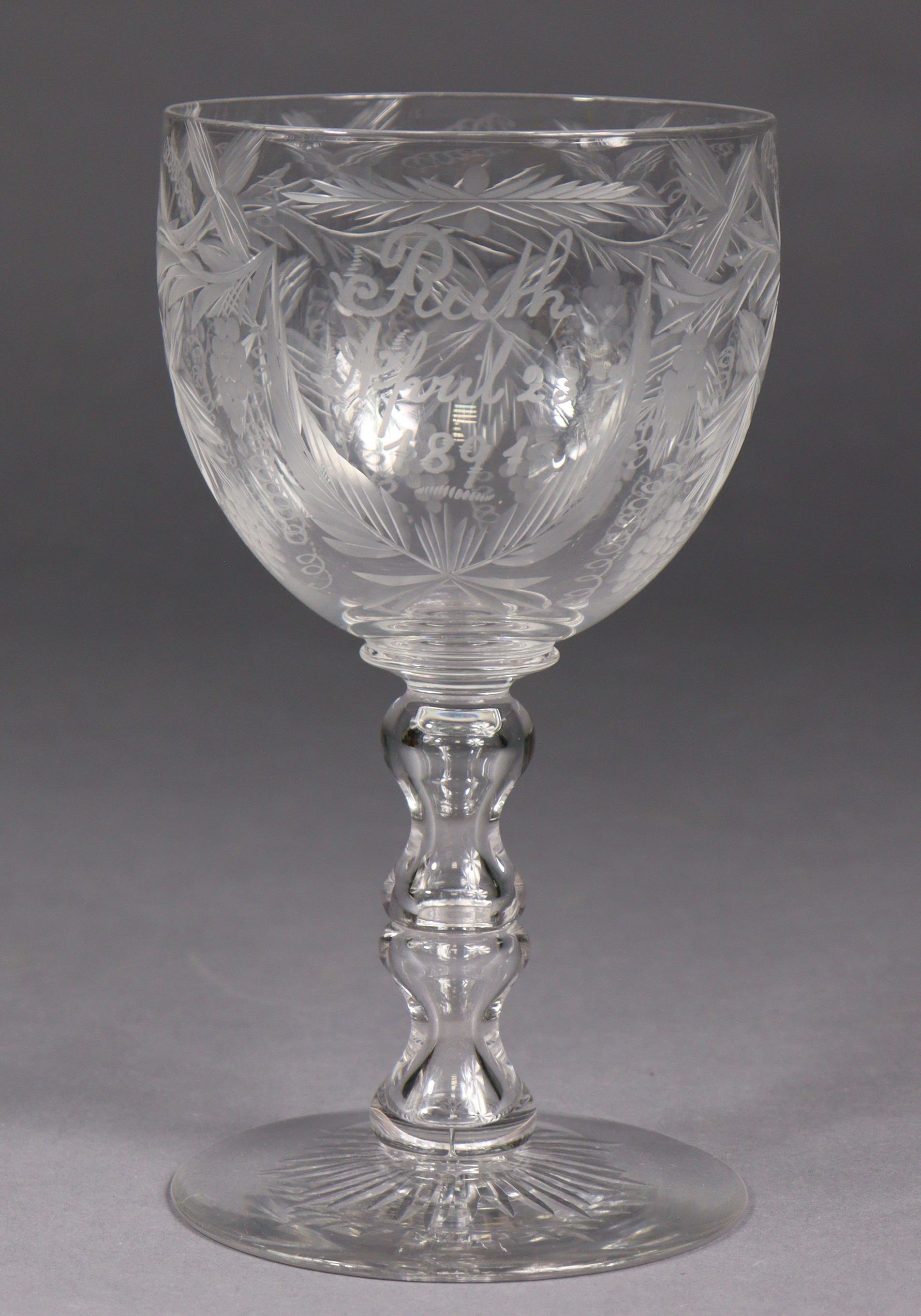 A late 19th century engraved glass large goblet, commemorating the 21st birthday of “Ruth, April 23