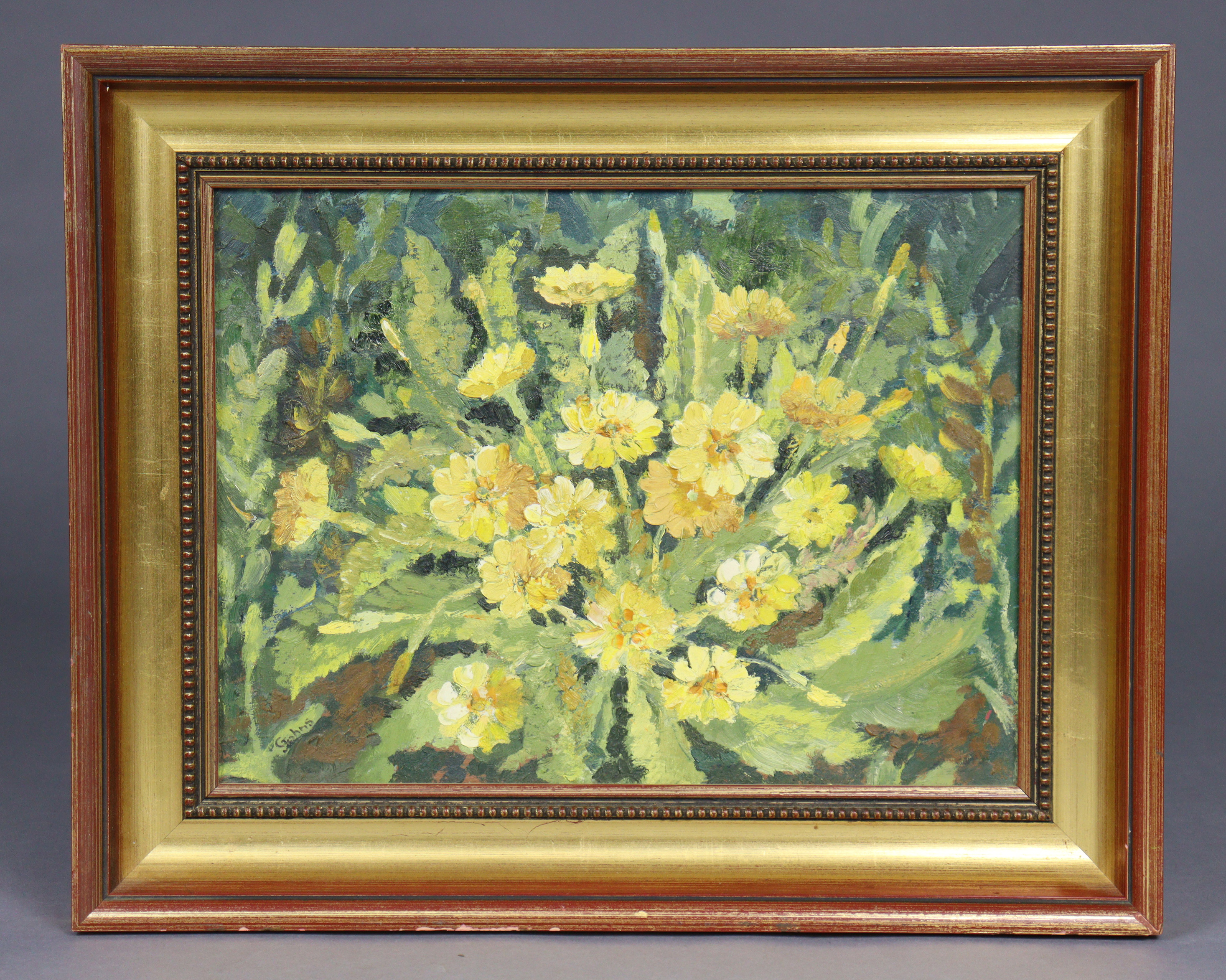 GWEN JOHNS (Bath, 20th century) “Primroses”, signed “GJohns” lower left, oil on board: 12”x16”, in