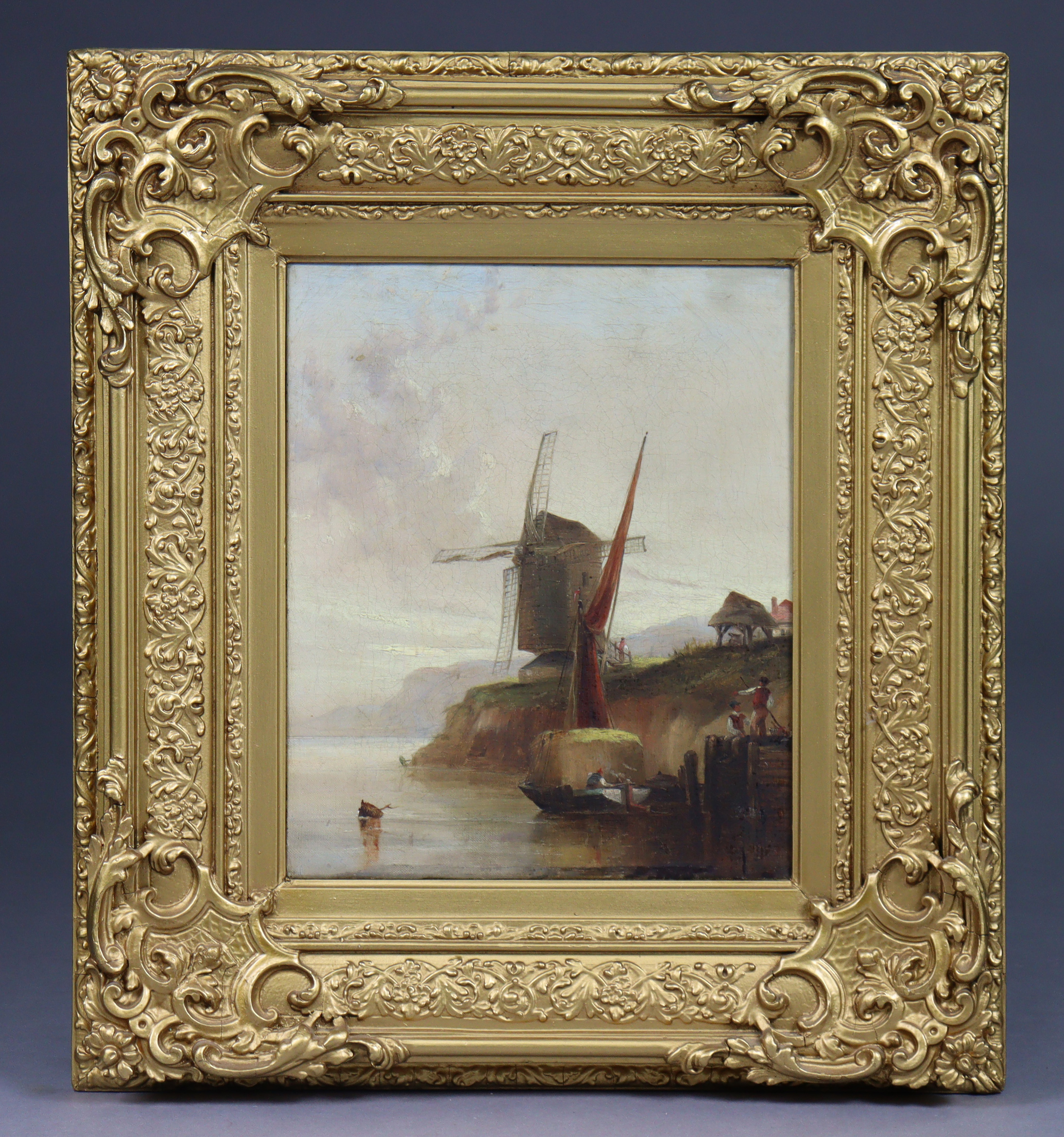 ENGLISH SCHOOL, 19th century. A coastal scene with boat departing, windmills & buildings above.