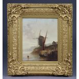 ENGLISH SCHOOL, 19th century. A coastal scene with boat departing, windmills & buildings above.