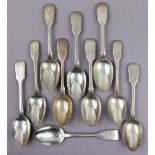 Ten various Georgian & Victorian silver Fiddle pattern dessert spoons – odd dates & makers (14oz).