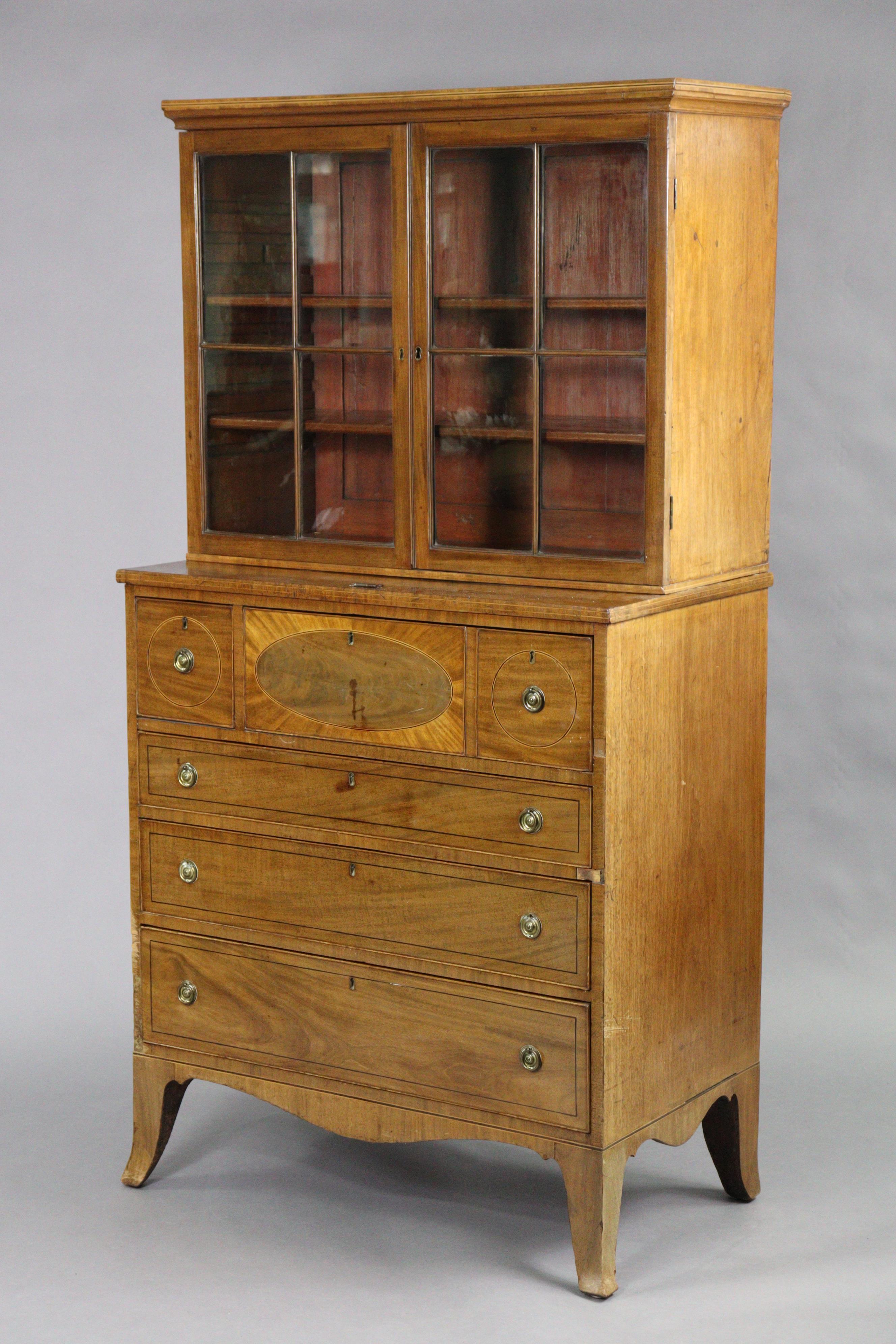 An early 19th century inlaid-mahogany cabinet with moulded cornice above two adjustable shelves - Image 2 of 8