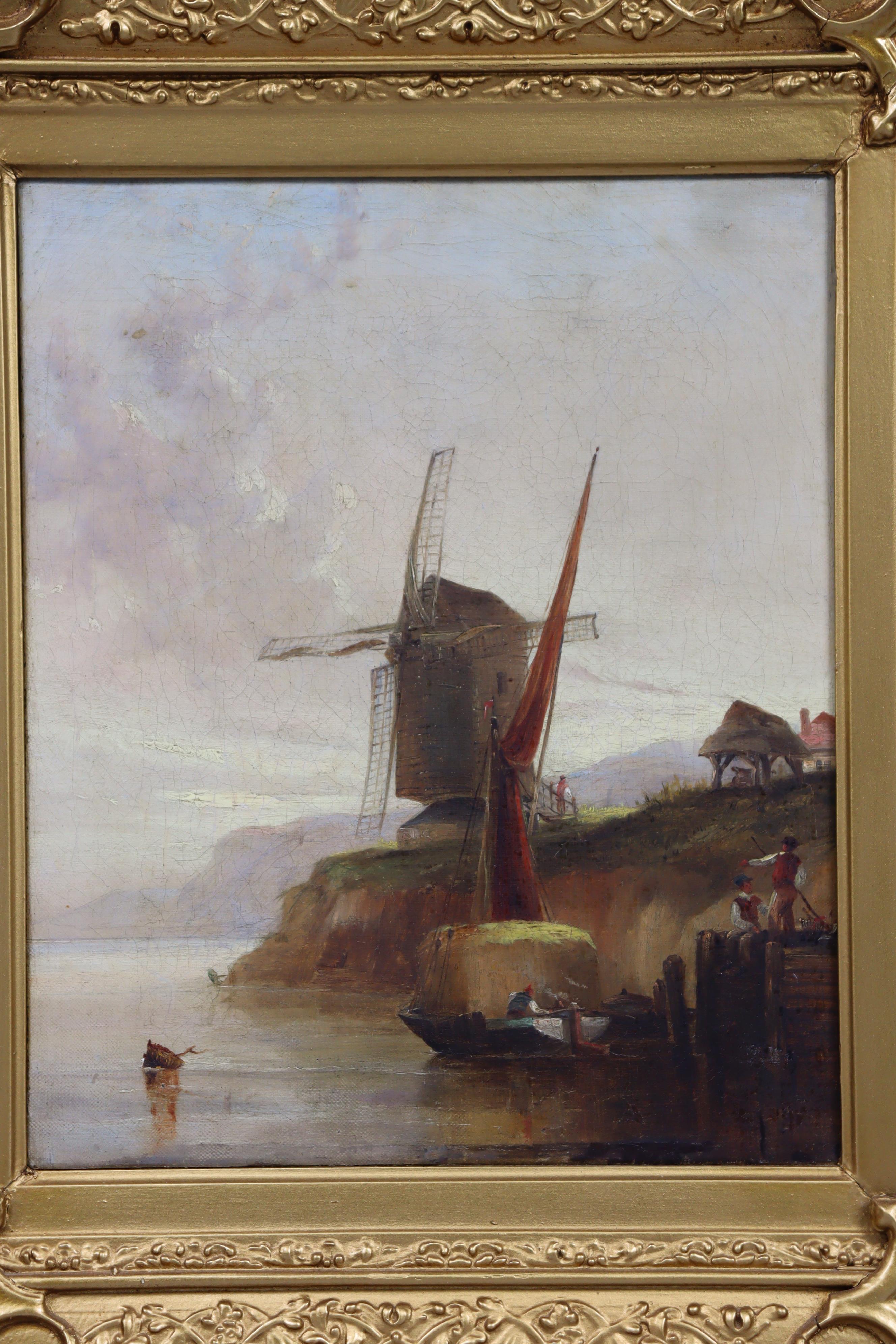 ENGLISH SCHOOL, 19th century. A coastal scene with boat departing, windmills & buildings above. - Image 2 of 3