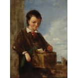 FRENCH SCHOOL, 19th century. Portrait of a boy holding a pet guinea pig, standing three-quarter