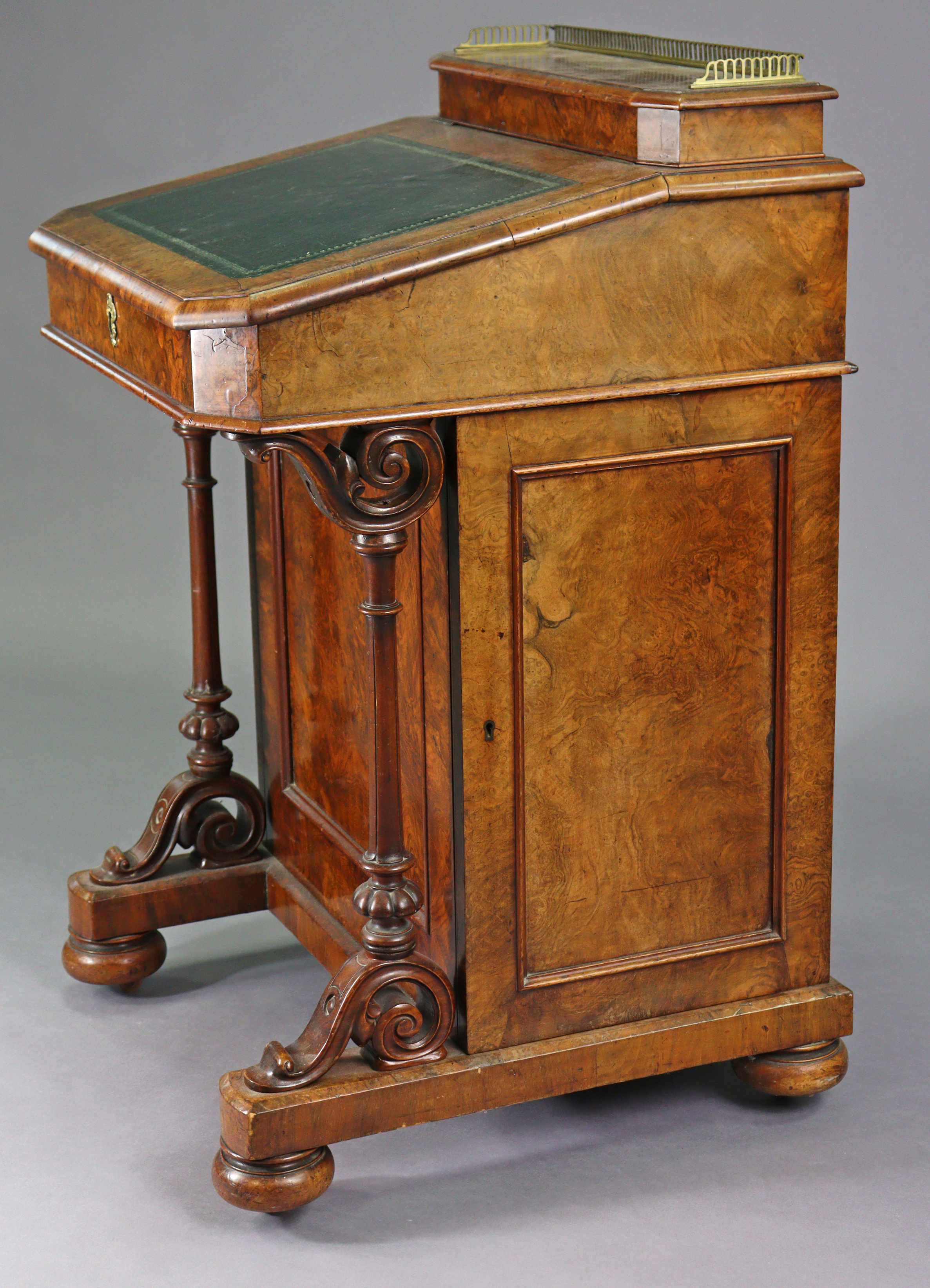 A Victorian burr-walnut davenport with satinwood interior enclosed by sloping hinged lid, inset - Image 4 of 11